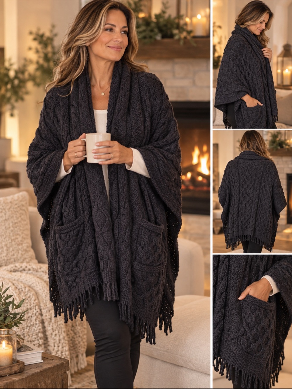 Connemara Irish Merino Wool Aran Cable Knit Shawl Wrap Poncho One Size Plus